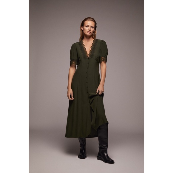 Zara Blogger’s Favorite Olive Green Vintage Lace V-Neck Button Down Midi Dress - Picture 3 of 16